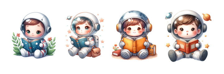 cute baby astronaut reading book water color isolated background