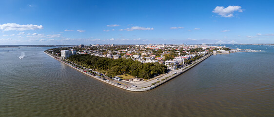 Naklejka premium Aerial wide panoramic view of downtown Charleston, South Carolina, USA. November 18, 2023. 