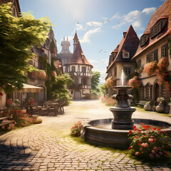 Peaceful village square with a charming fountain