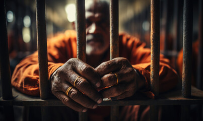 Hands of a prisoner on the bars of a jail cell. Crime and punishment