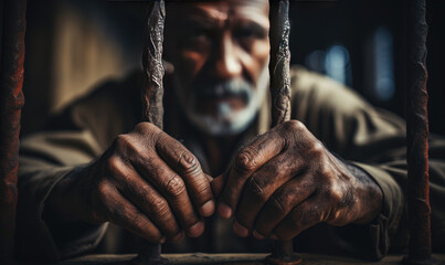 Hands of a prisoner on the bars of a jail cell. Crime and punishment - obrazy, fototapety, plakaty