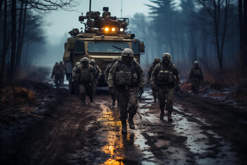 Military patrol car and soldiers ready to attack at dusk. Army war concept - obrazy, fototapety, plakaty