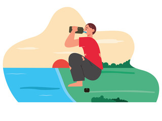 Man looking for water in the river. Survival illustrations.