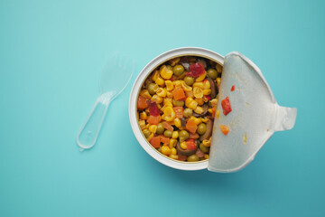 canned sweet corn with mixed vegetables close up .
