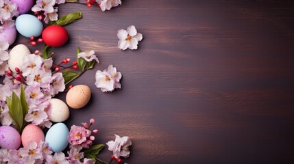 Easter eggs and cherry blossom on wooden background with copy space