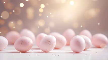 Fototapeta premium Easter background with pink eggs and golden bokeh lights.