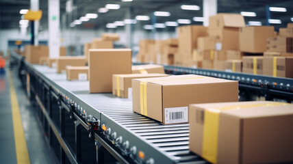 Parcels, cardboard boxes, packages on conveyor belts in a warehouse fulfillment center. E-commerce, shopping, delivery, automation, sale concept

