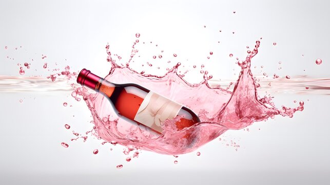 Bottle of rose wine floating in liquid splash. Wine bottle mockup with blank white label, commercial rose wine label template