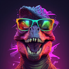 Vibrant colored dinosaur closeup, wearing sunglasses, in fun design. 