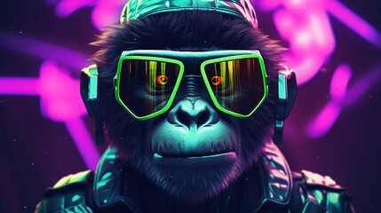 Monkey wearing sunglasses in vibrant, neon colored setting. 