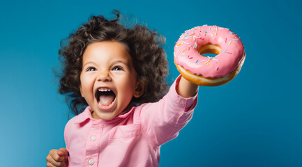 A happy little girl with a smile holds a donut against a blue background. Enjoying a moment with the donut, the child is having a fun time with sweet treats at home.