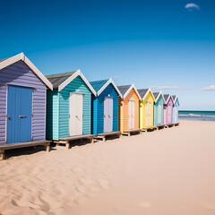 Fototapeta na wymiar Row of beach huts painted in pastel colors along a sandy shore.