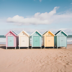 Fototapeta na wymiar Row of beach huts painted in pastel colors along a sandy shore.