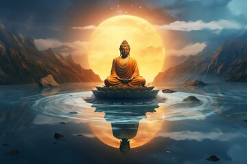 meditating buddha at sunset