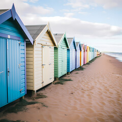 Fototapeta na wymiar Row of beach huts painted in cheerful pastel colors.