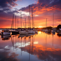 Sailboats anchored in a peaceful harbor with a sunset backdrop.