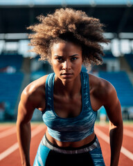 Determined Afro-American sportswoman poised to sprint on track