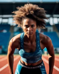 Selbstklebende Fototapeten Determined Afro-American sportswoman poised to sprint on track © Ágerda