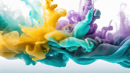 Acrylic ink in water. Turquoise blue, yellow and pale purple colors. Ink blot. Abstract white background. Paint texture.