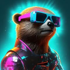 Otter wearing pixelated, futuristic clothing and sunglasses. 