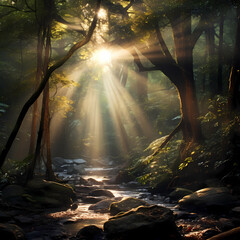 Sunbeams piercing through the thick canopy of an enchanted forest.