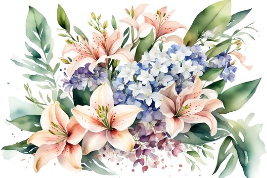 Beautiful watercolor wedding bouquet with leaves and flowers of lily, alstroemeria and hudrangea on a white backgorund.