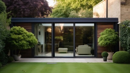 Home façade with sliding glass doors - obrazy, fototapety, plakaty