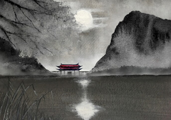 watercolor painting landscape river mountains castel pavilion on the fog and full moon with clouds .traditional oriental ink asia art style.	 - 693737575