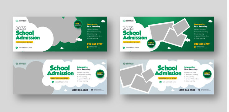 School Admission social media facebook cover set, Education web banner template bundle
