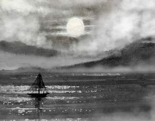 watercolor landscape lonely boat in the ocean with a full moon reflection in water mountains fog background. - 693737789