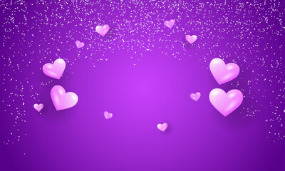 Vector beautiful purple love background with hearts and silver glitter