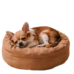 Chihuahua Dog sleeping on a Brown Round Dog Bed Illustration Art with a Transparent Background Generative AI.
