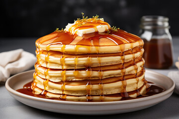 A stack of freshly made pancakes with butter and syrup