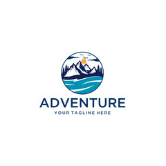 vintage adventure logo, mountain sunset logo, mountain logo round shape outdoor rocky peak adventure. Summer camp, glitter, animation, outdoor logo, vacation travel logo