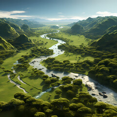 Tranquil river meandering through a lush, green valley