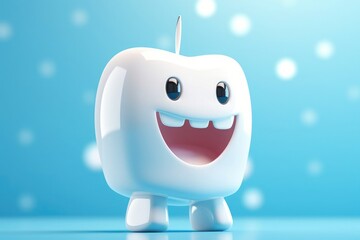 White tooth in the form of a funny robot smiling, light emphasizes the cleanliness of the tooth