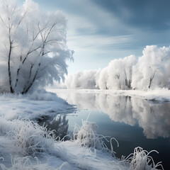 A serene winter landscape with snow-covered trees and a frozen lake.