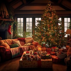 A living room with a Christmas tree and presents
