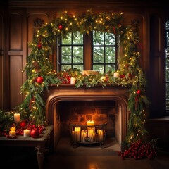 Fototapeta na wymiar A fireplace decorated with christmas garland and lit candles