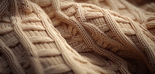 High-resolution capture of a cozy wool sweater, highlighting the fine details of its knitted pattern