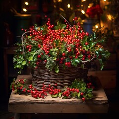 Fototapeta na wymiar A basket filled with red berries sitting on top of a wooden table