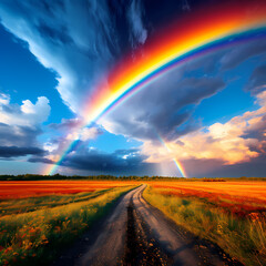Naklejka na ściany i meble Vibrant rainbow stretching across the sky after a passing storm.
