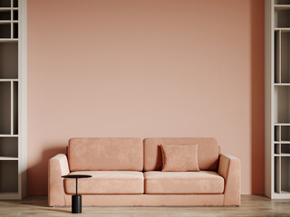 Lounge in peach fuzz room 2024 color year. Empty warm room interior. Design minimal luxury style living or reception. Apricot sofa and accent painted salmon wall. Modern interior design. 3d render