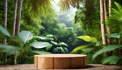 Product presentation with a wooden podium set amidst a lush tropical forest, enhanced by a vibrant green backdrop.3d rendering ; waterfall, sunrise, shiny