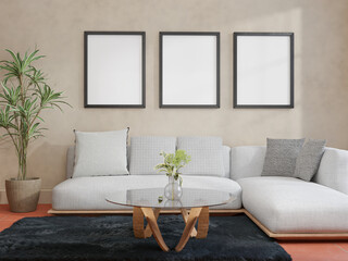 Mockup frame interior background living room cozy Scandinavian style in empty picture and sofa in illustration 3d rendering.