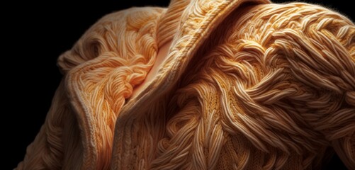 Realistic capture of a textured wool garment, the intricate details illuminated by a soft, warm glow