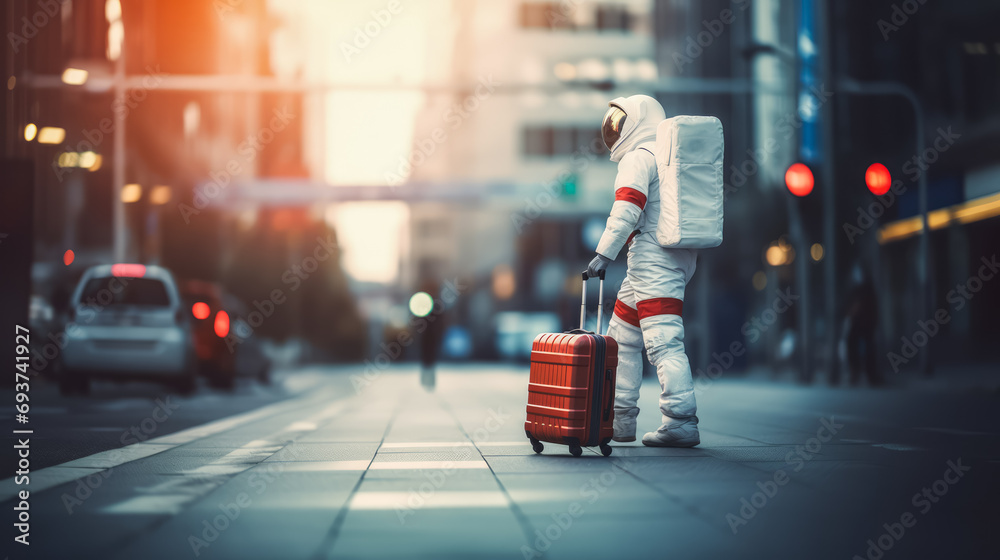 Sticker astronaut with red suitcase strolling in city evening lights. urban space journey concept. generativ