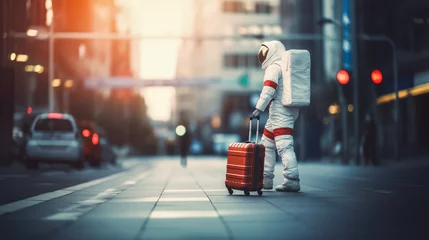 Foto op Canvas Astronaut with red suitcase strolling in city evening lights. Urban space journey concept. Generative AI © ImageFlow