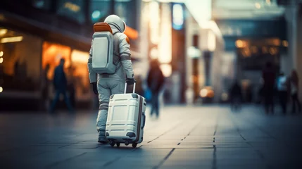 Foto op Aluminium Astronaut with white suitcase walking in city shopping area at dusk. Urban exploration concept. Generative AI © ImageFlow