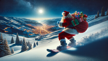 Santa Claus snowboarding with gift sack on snowy hill with city lights. Festive adventure concept. Generative AI
